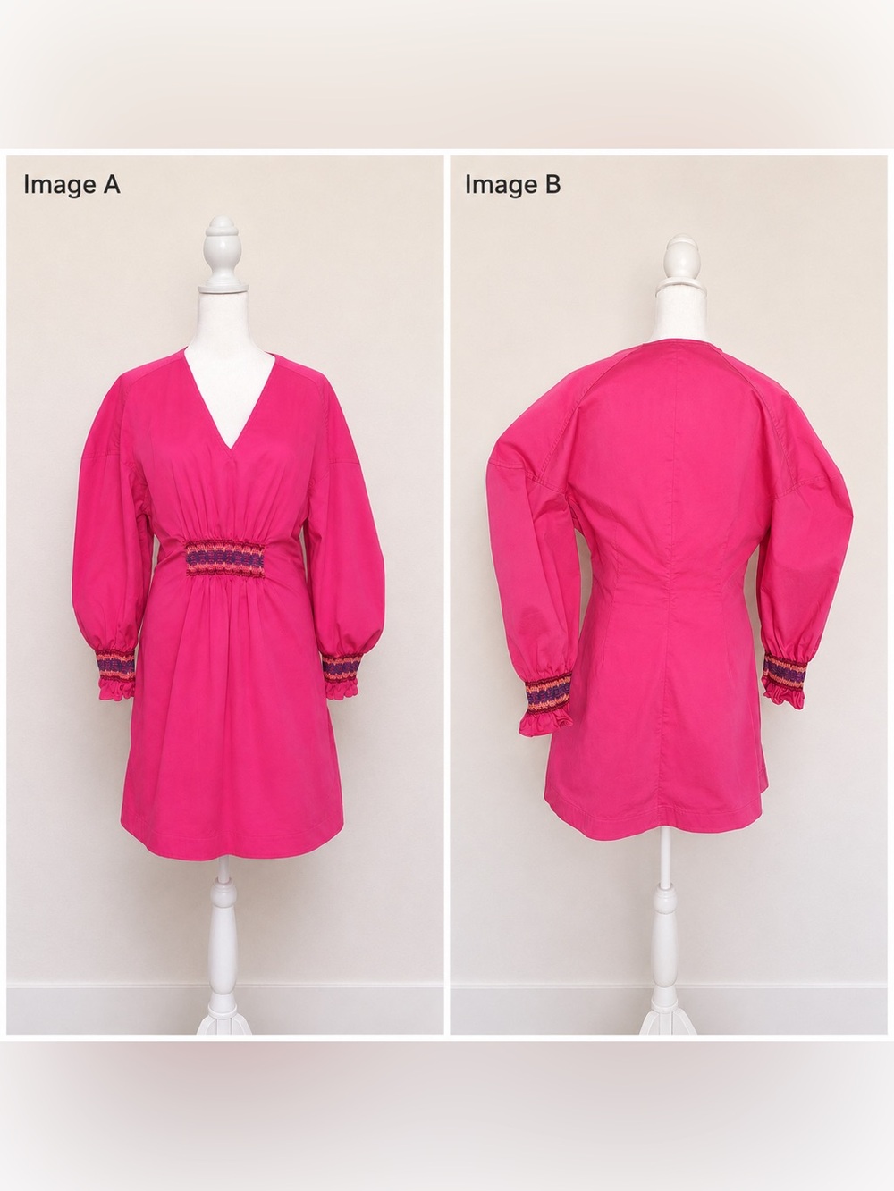 Derek Lam Hot Pink V-Neck Mini Dress with Smocked Waist